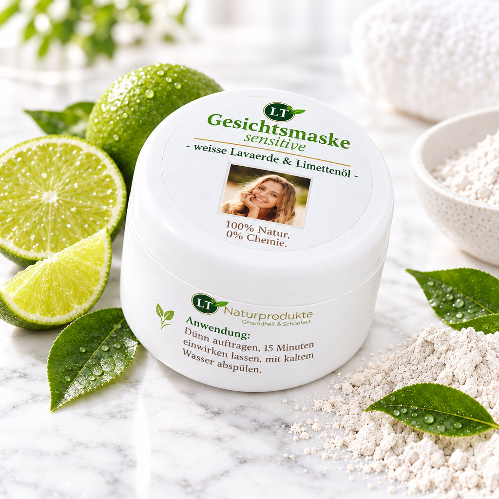 Bio-Gesichtsmaske SENSITIVE – Weiße Lavatonerde & Kaolin mit Limette (150 ml)