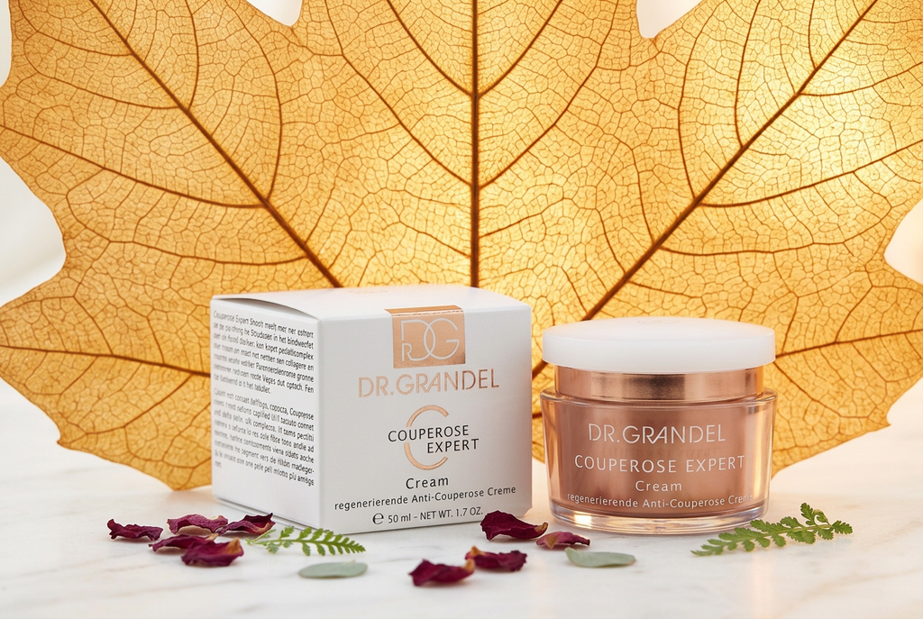 Dr. Grandel Couperose Expert – Box & Tiegel mit Blatt-Hintergrund