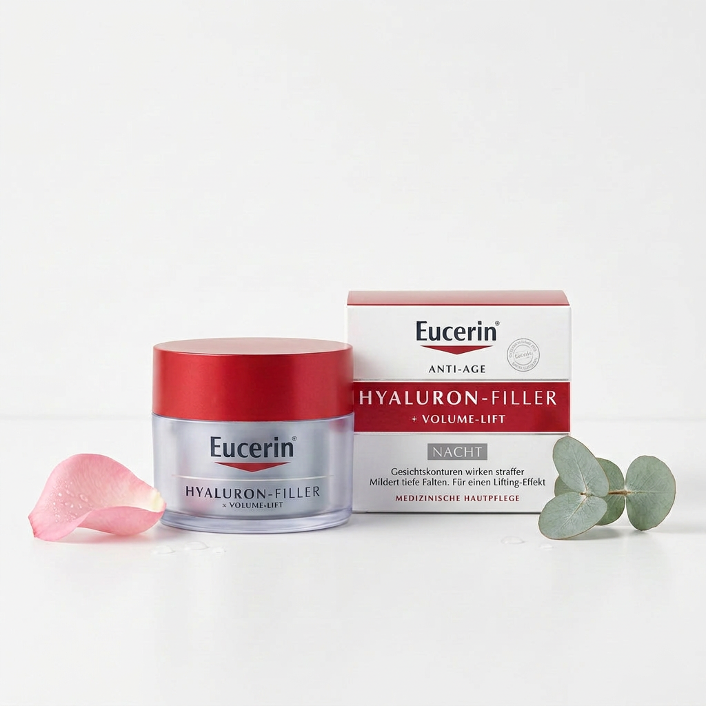 Eucerin Hyaluron-Filler Volume-Lift Nacht – Produktfoto mit Deko